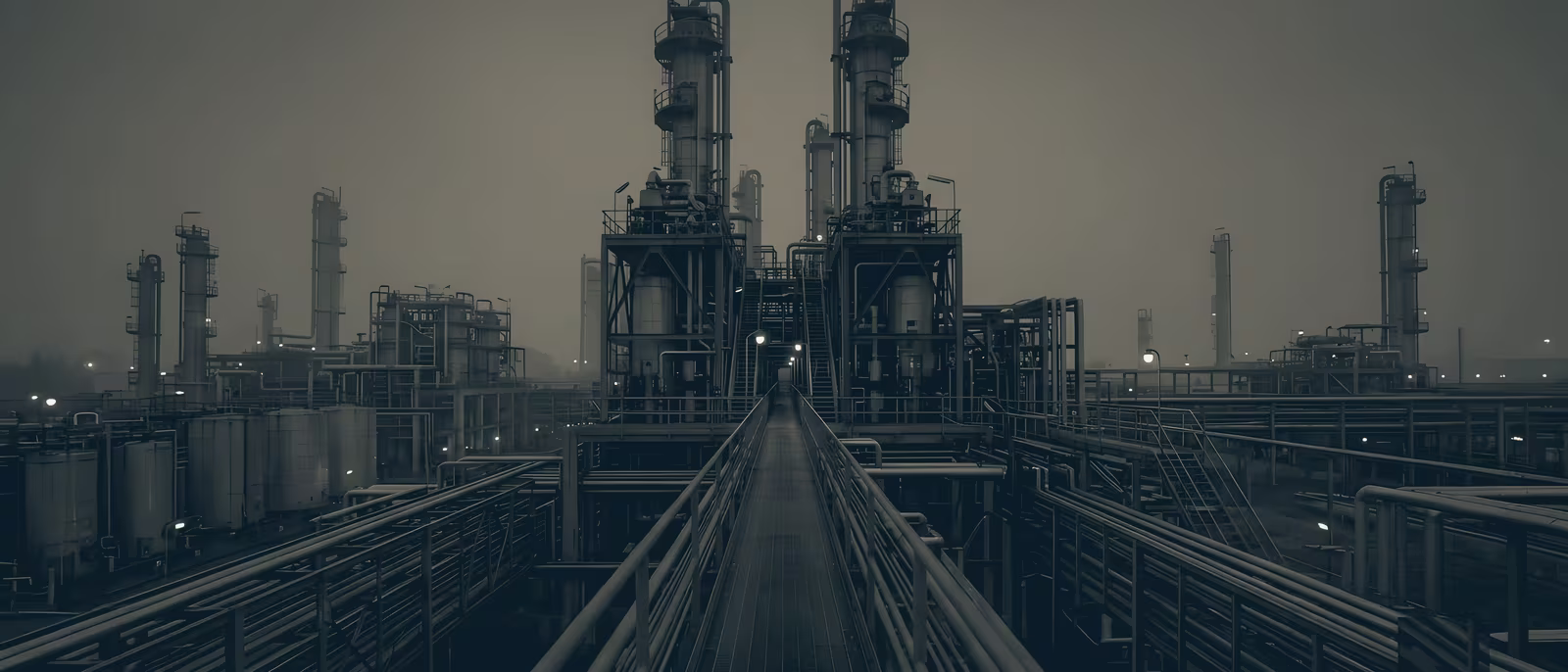 A walkway running between the columns of a process plant at dusk, separated into two inks